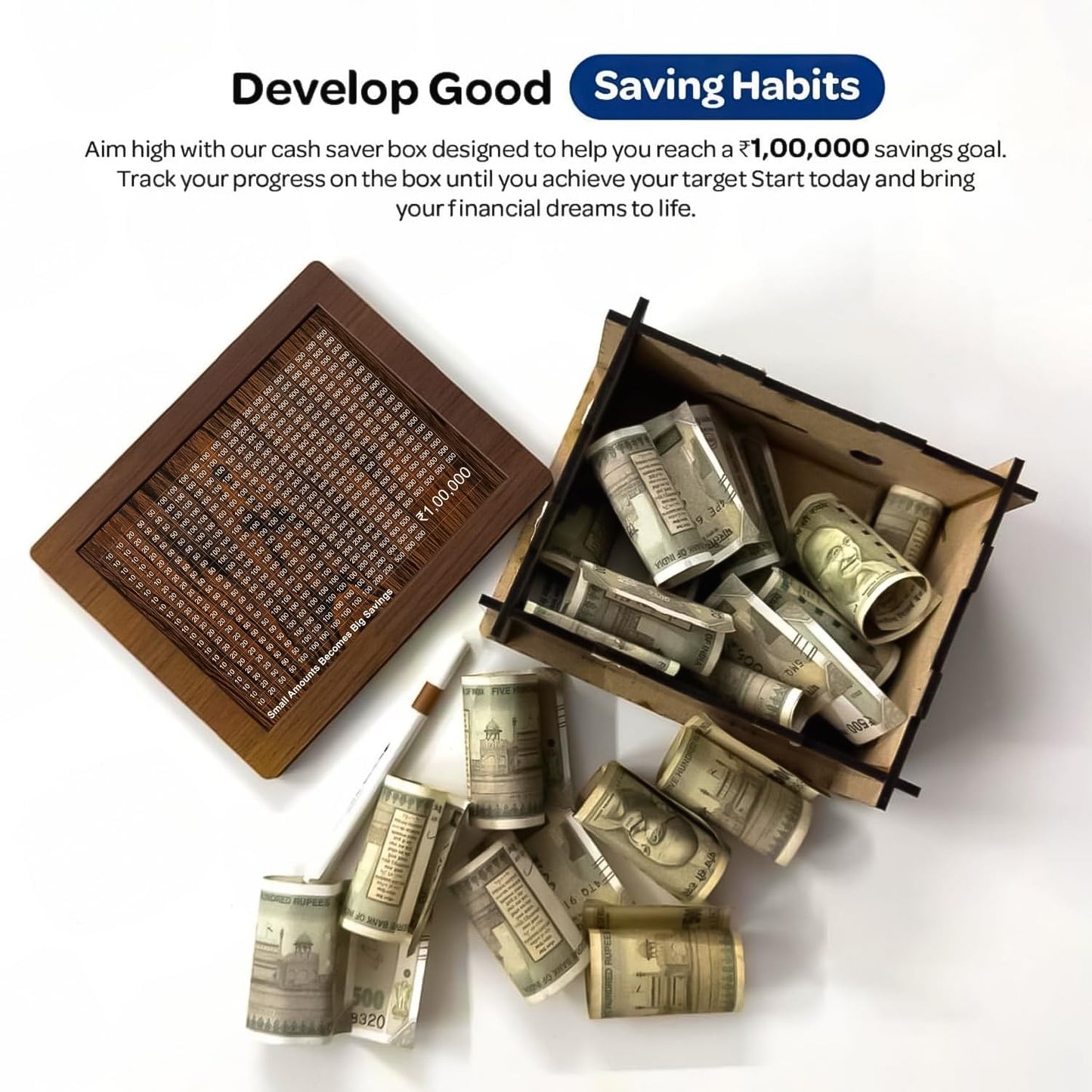 Wooden Money Saving Box – Save ₹1,00,000 with Style & Motivation